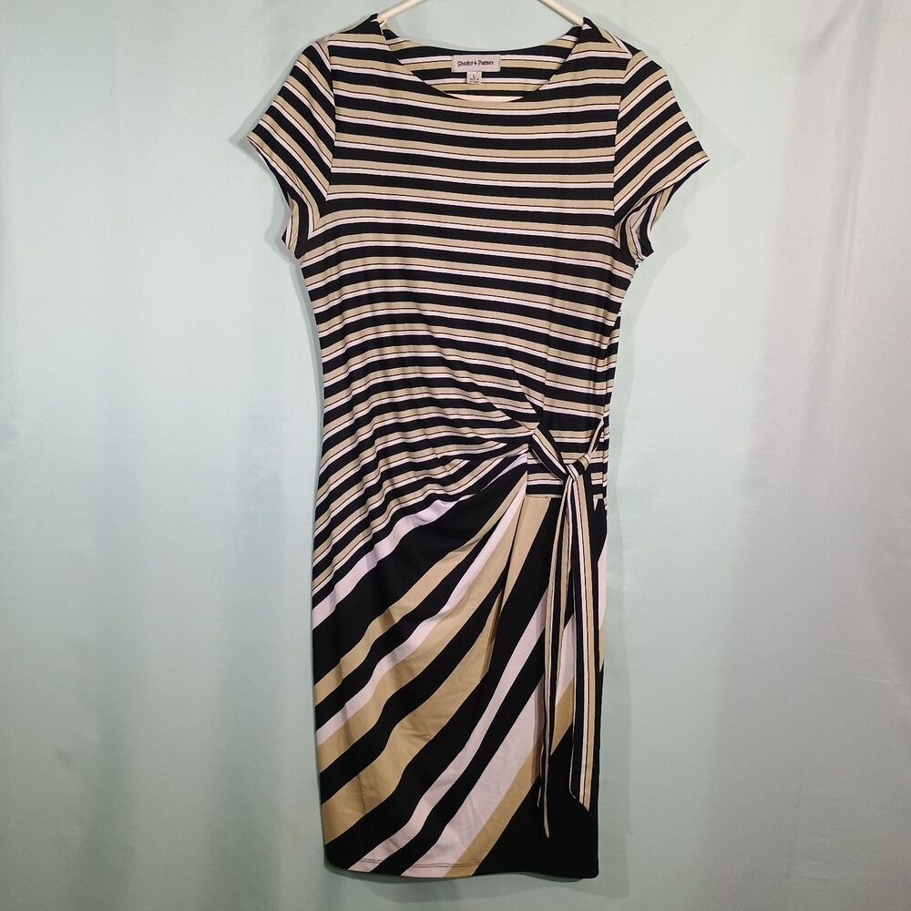 Shelby and palmer Women’s Striped Ruched Dress – Black Beige Short Sleeve